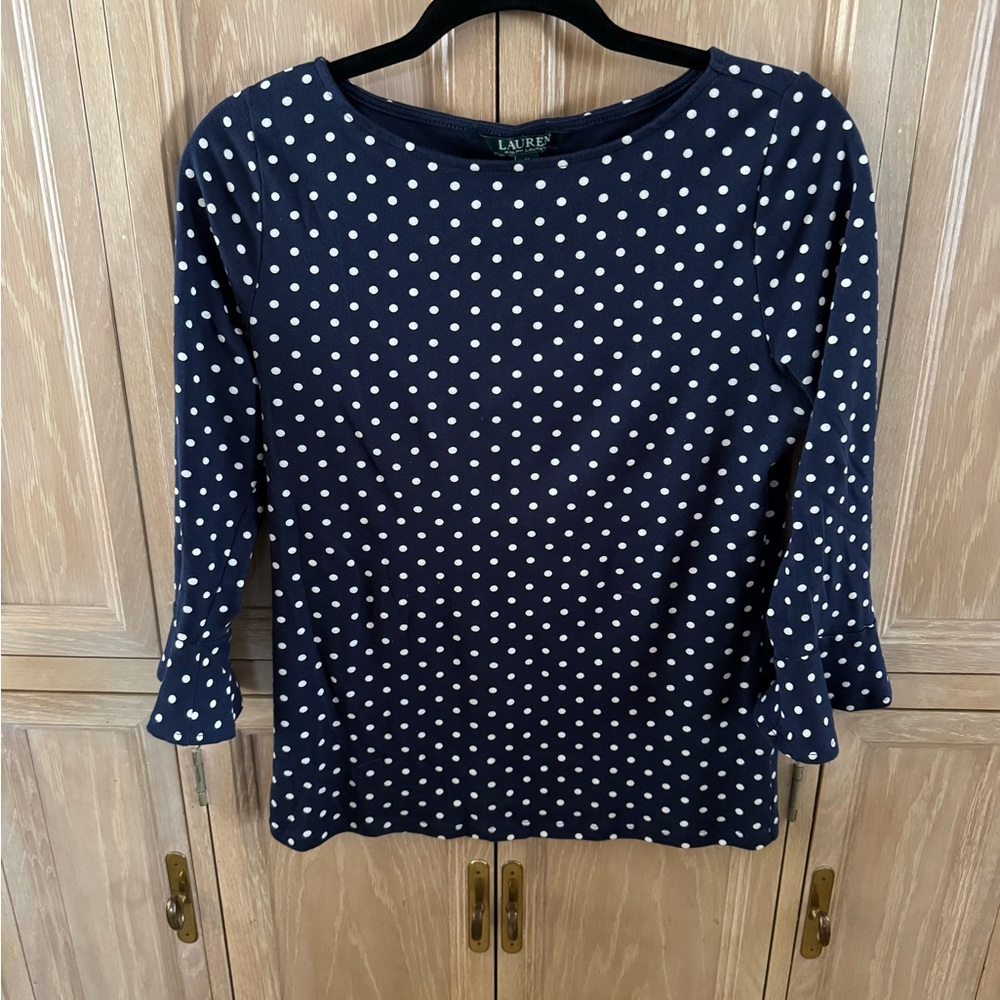 Ralph Lauren Blue and White Ruffled 3/4 Sleeve Blouse